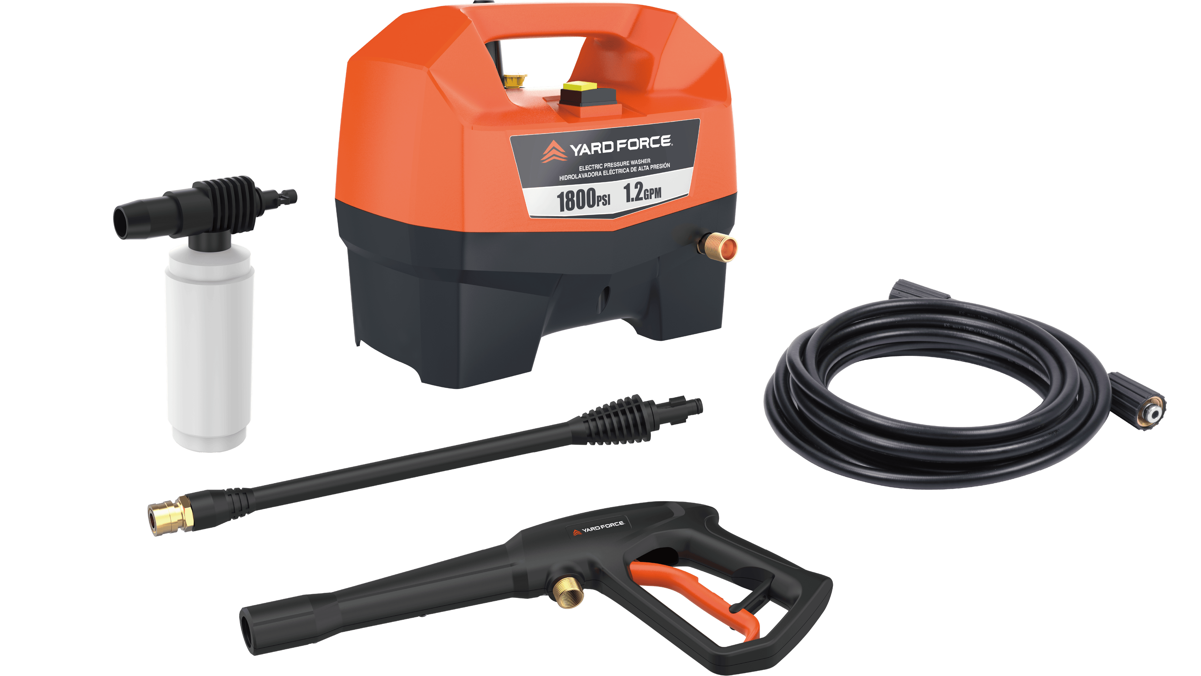 Nettoyeur haute pression électrique Yard Force YF1800, 1800 PSI 1,2 GPM, 13 A, avec canon à mousse, buses 15° et turbo, tuyau de 6 m