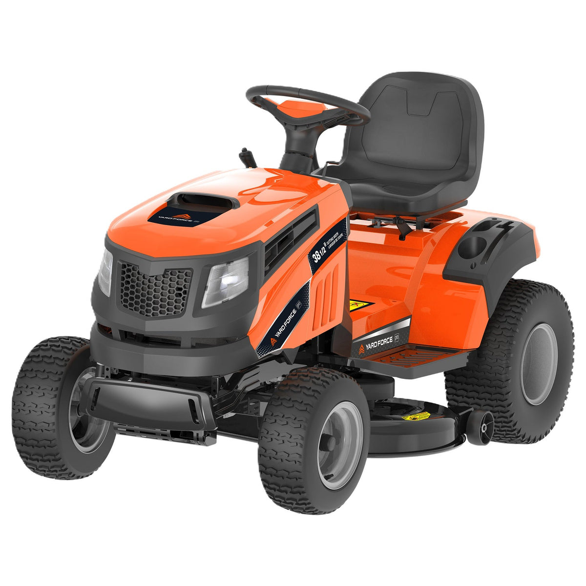 Yard Force YF98RTM-G 38.5-inch 432cc gas lawn tractor, front three-quarter view