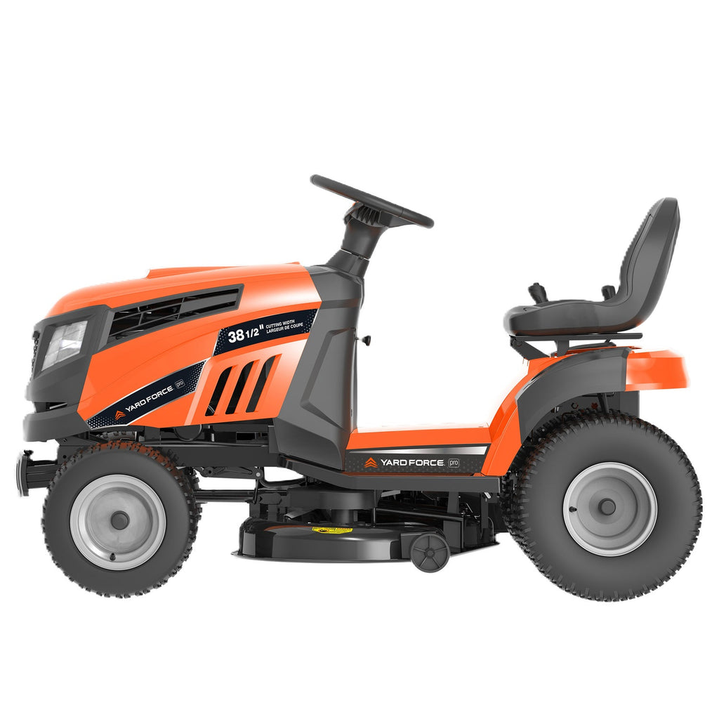 Yard Force YF98RTM-G gas lawn tractor, side view of step-through frame and cutting deck